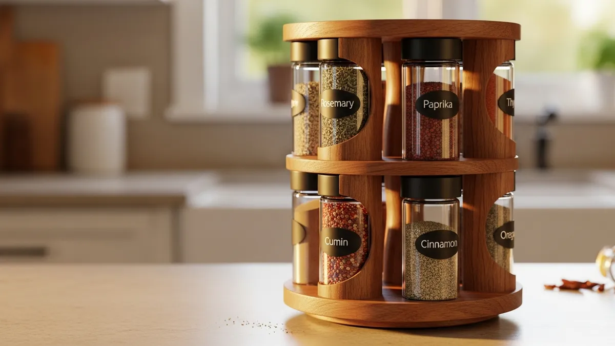 Rotating wooden spice rack carousel for easy kitchen organization