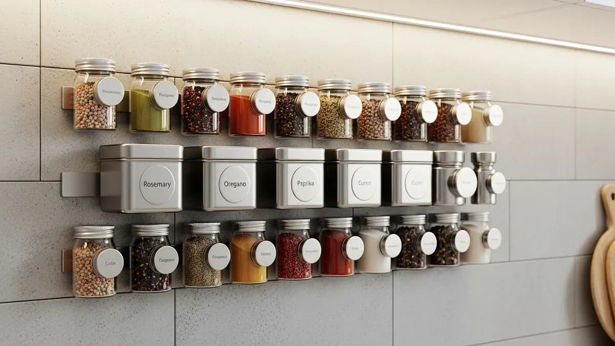 Wall-mounted magnetic spice rack with clear labeled containers