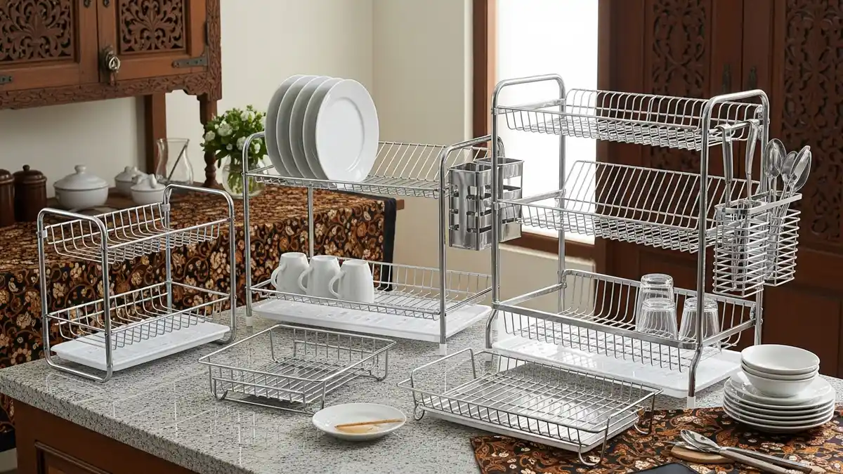 Berbagai jenis rak piring aluminium dengan ukuran dan desain berbeda di dapur rumah Indonesia