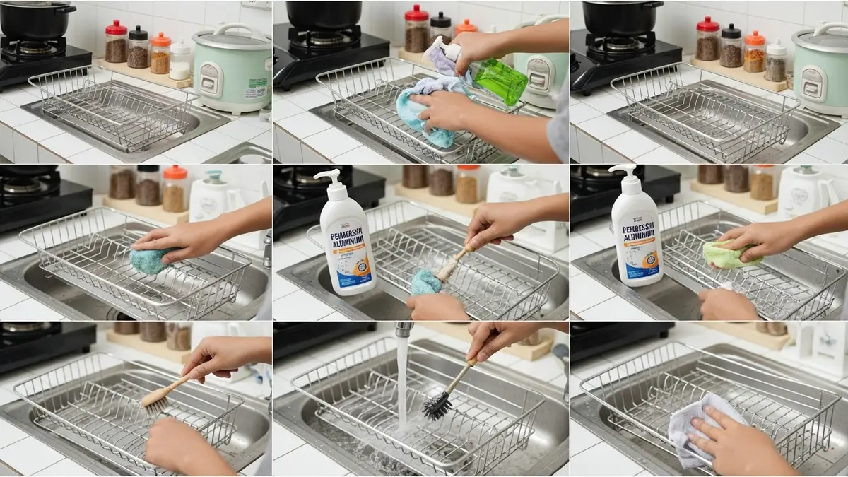 Maintenance of aluminum dish rack with cloth and cleaning products in an Indonesian kitchen