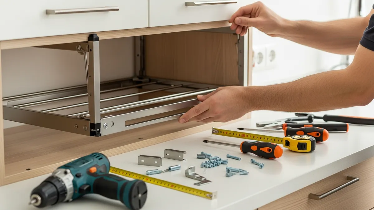 Installation steps for built-in plate rack system with tools and hardware