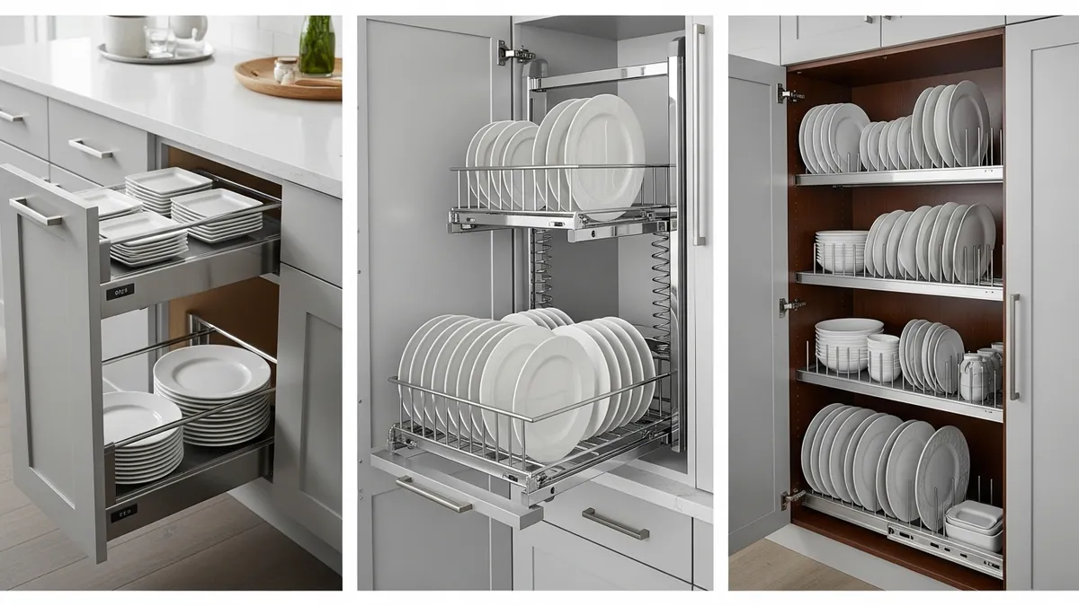 Various built-in plate rack types including pull-out and lift-up mechanisms