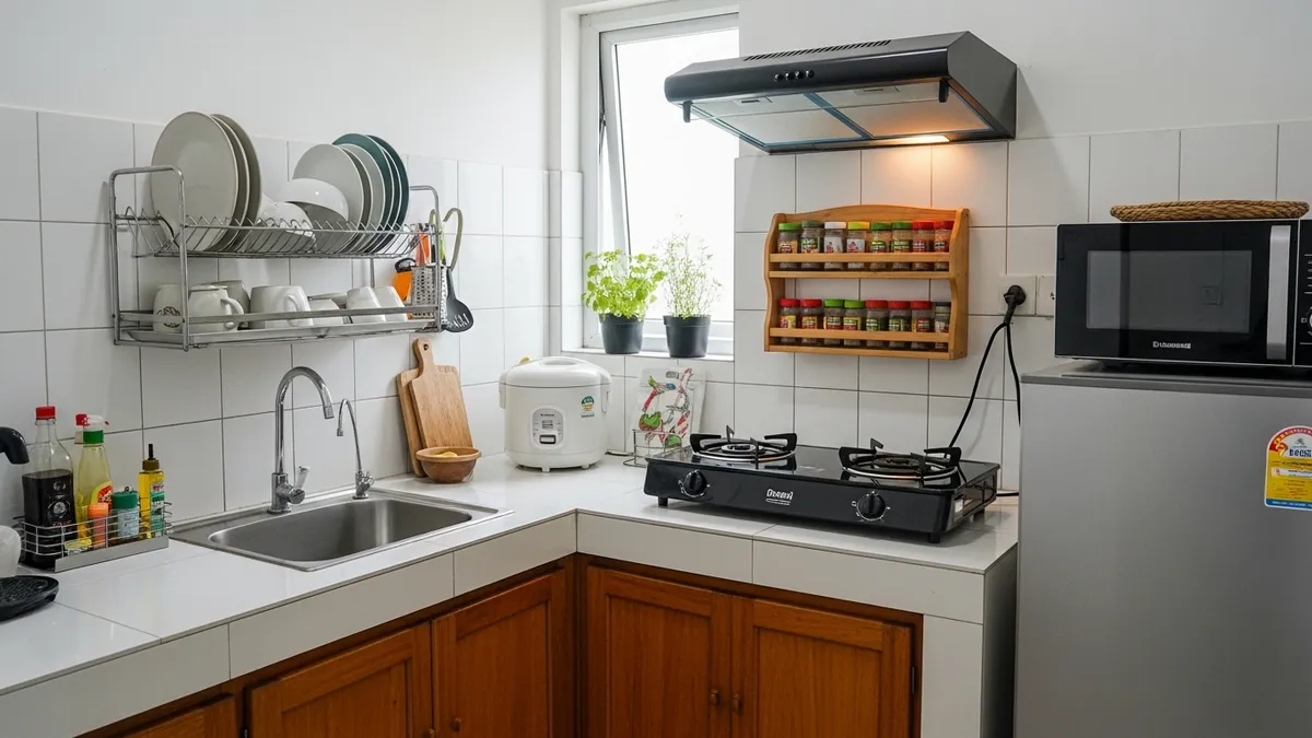 Dapur kecil Indonesia yang rapi dengan rak piring wastafel