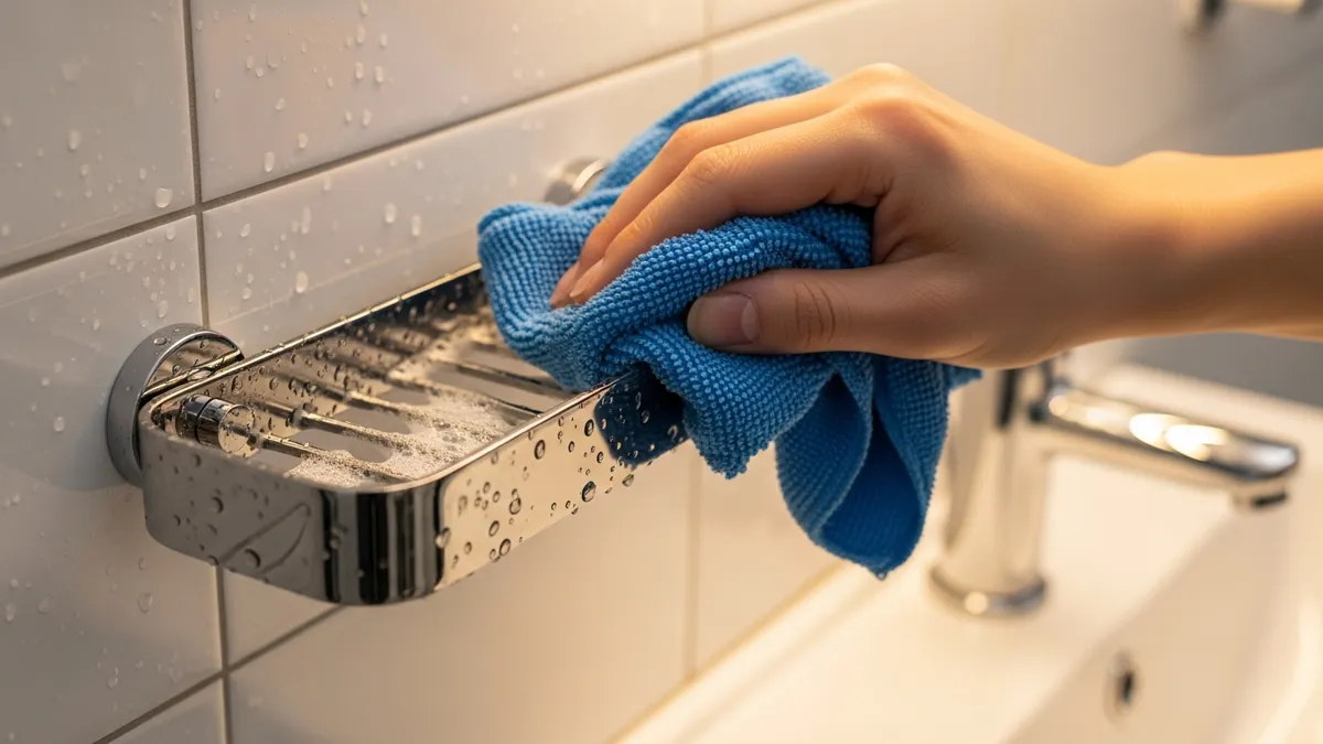 Cleaning and maintaining stainless steel soap rack with microfiber cloth for rust prevention