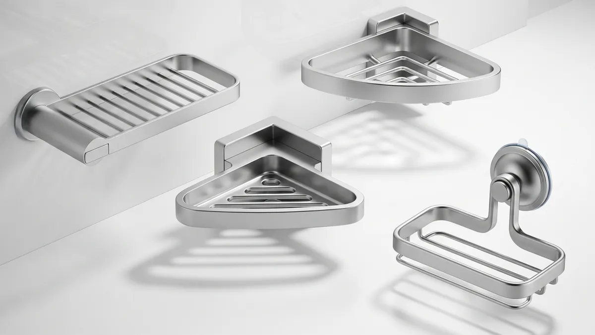 Various types of stainless steel bathroom soap racks including wall-mounted and corner designs
