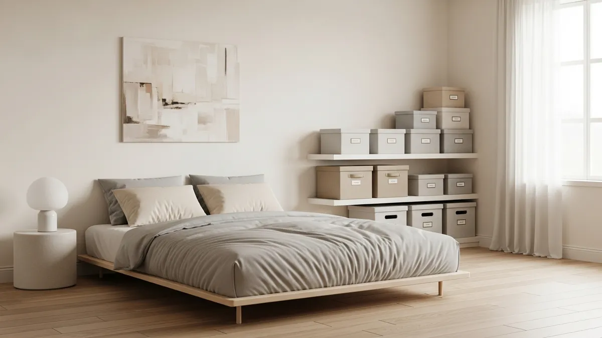 Simple minimalist bedroom with storage organization solutions