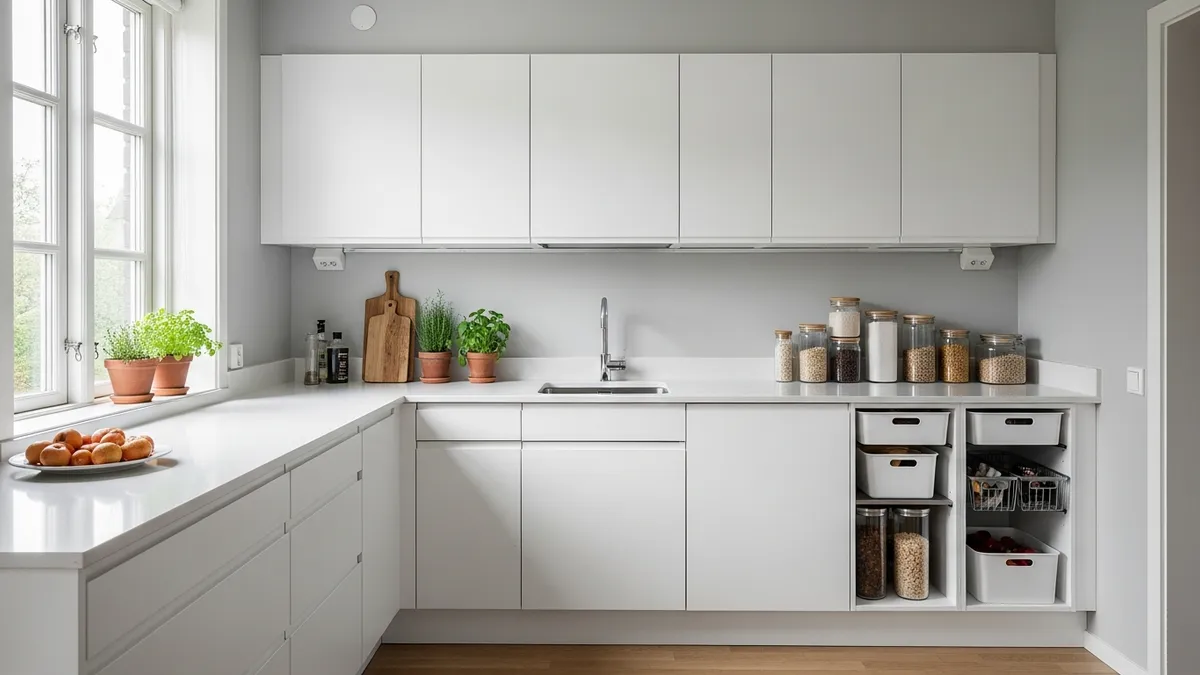 Simple minimalist kitchen design with organized storage solutions
