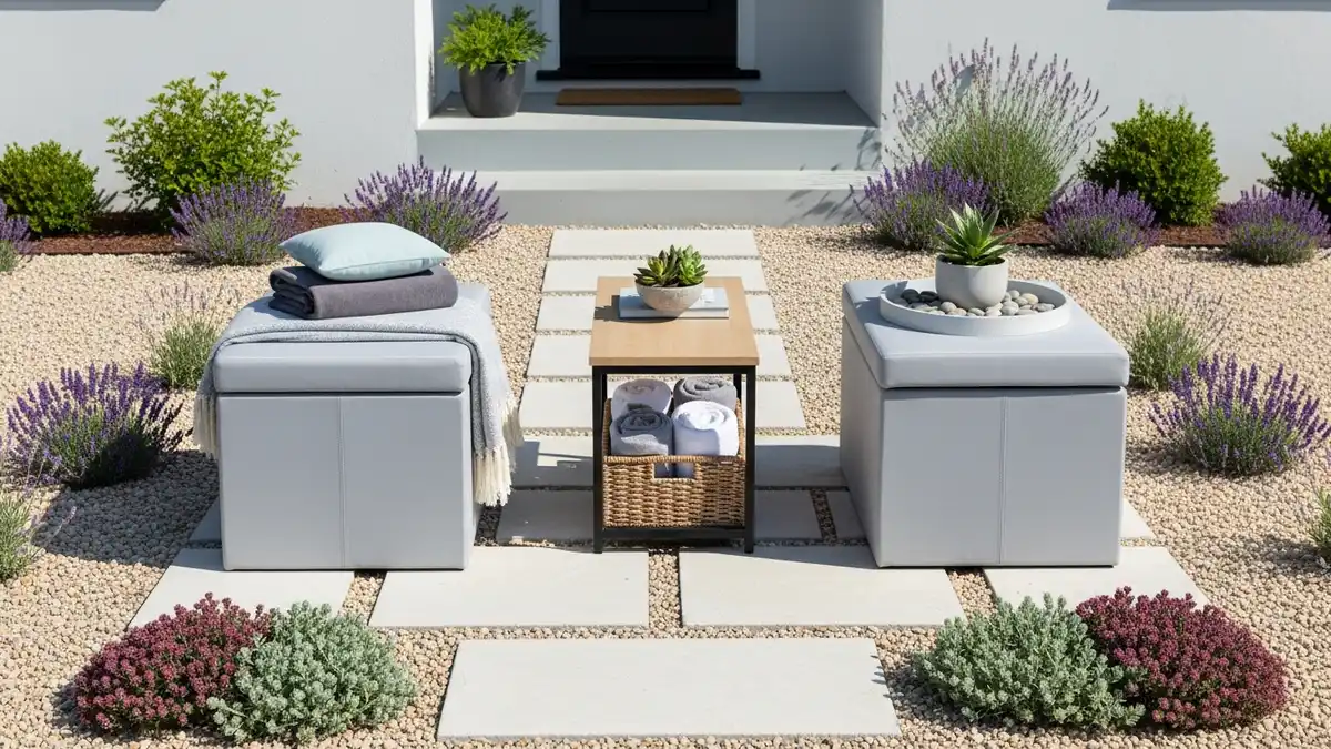 Compact seating area with storage solutions in small front yard minimalist design