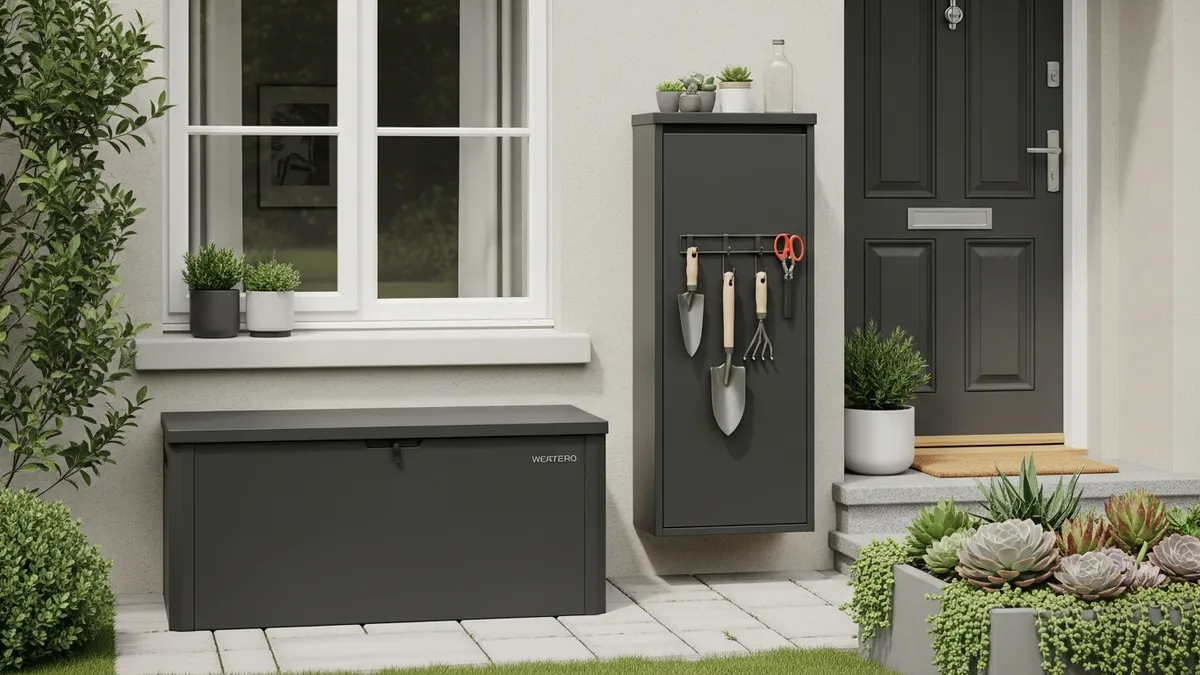 Outdoor storage containers and organization solutions for small front yard spaces