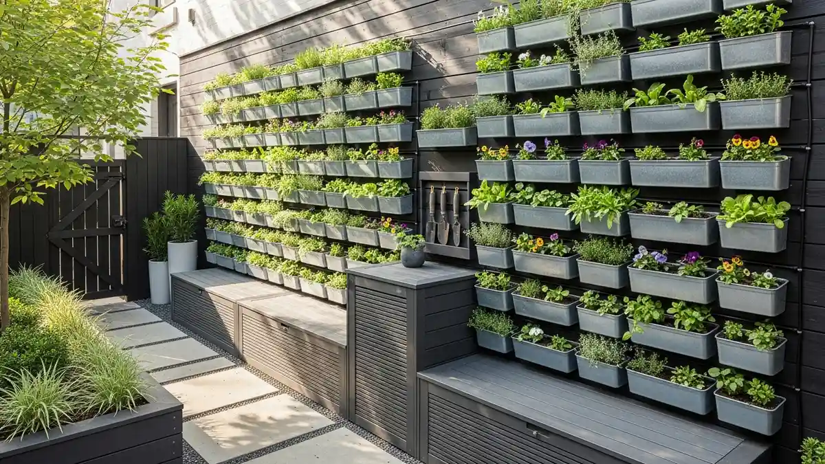 Vertical garden design for small front yard with organized plant storage containers