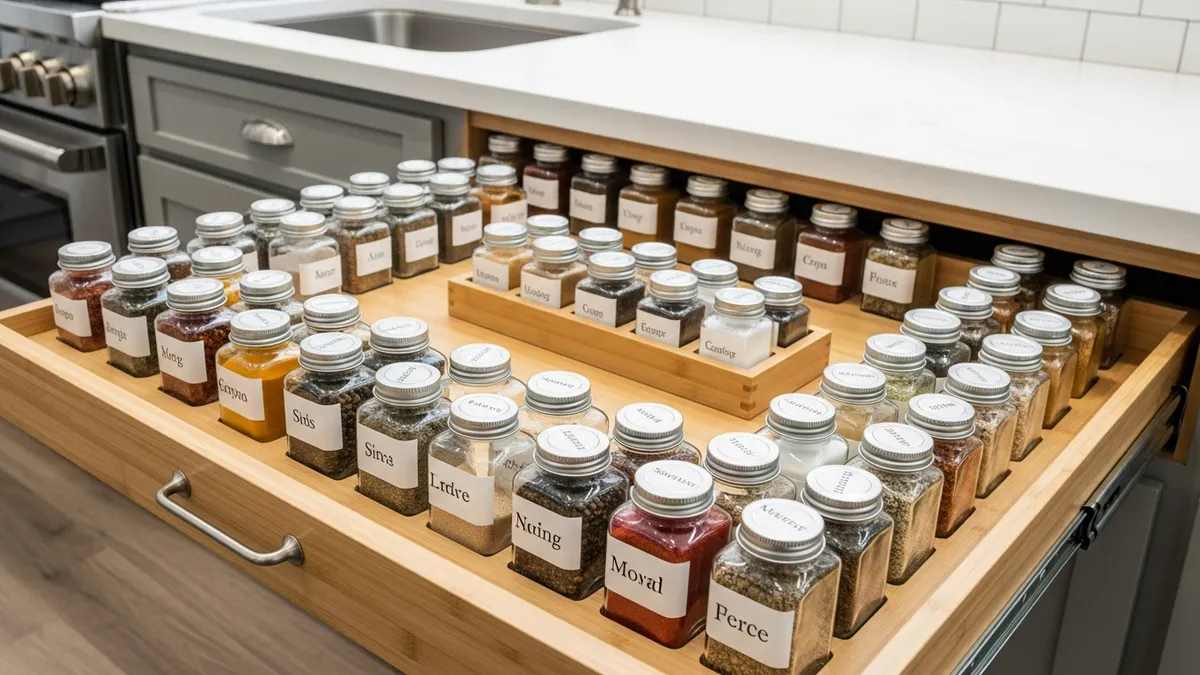Alphabetically organized spice collection with clear labels in drawer organizer