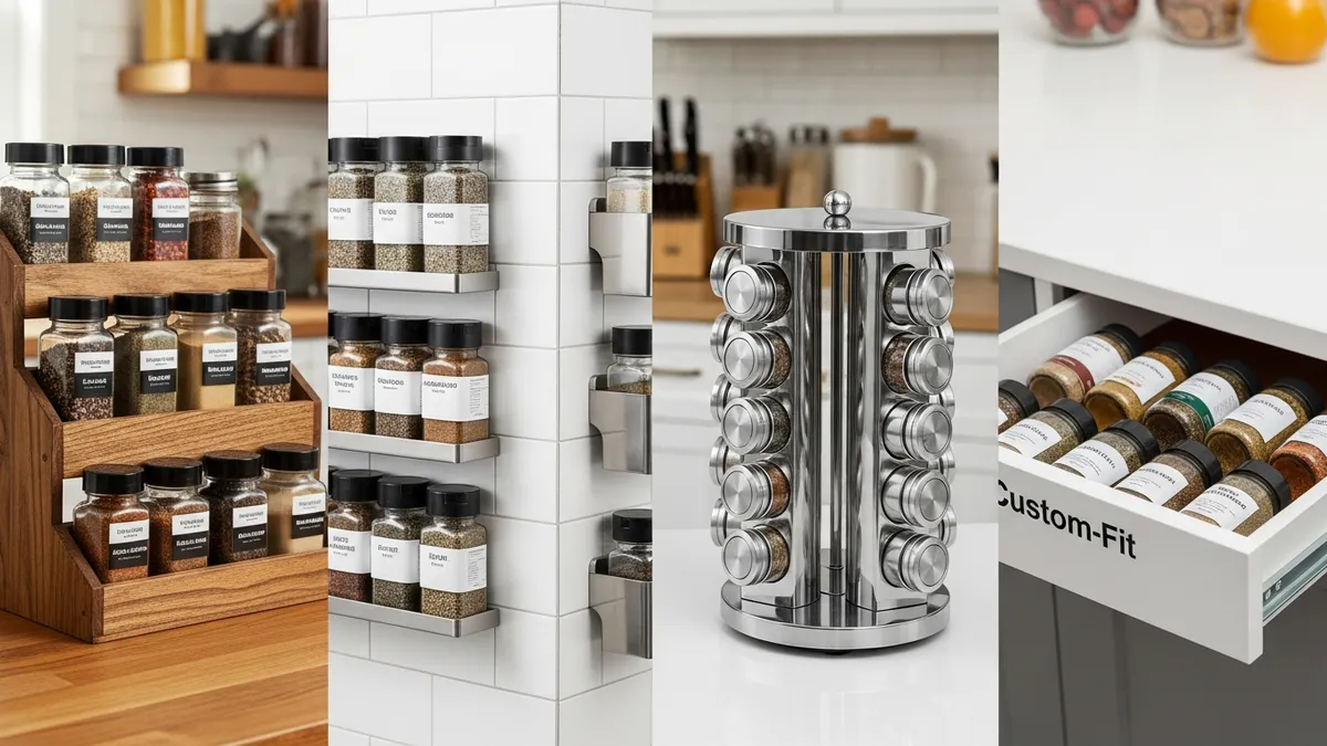 Different spice rack types including tiered shelves magnetic containers and rotating carousel