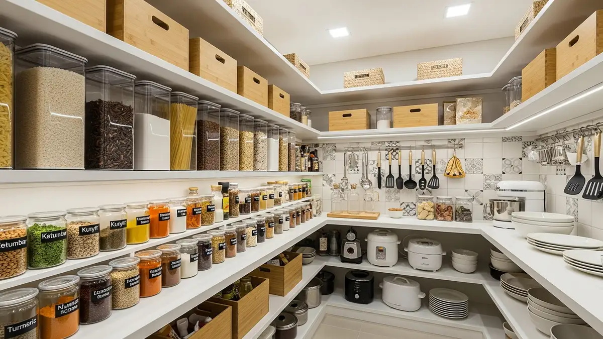 Dapur modern dengan storage box transparan untuk menyimpan makanan dan peralatan dapur dengan rapi