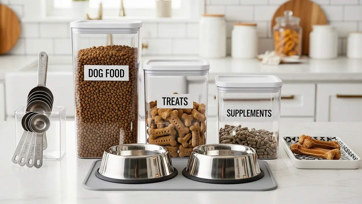 Organized pet feeding station with proper storage containers dog food setup and accessories