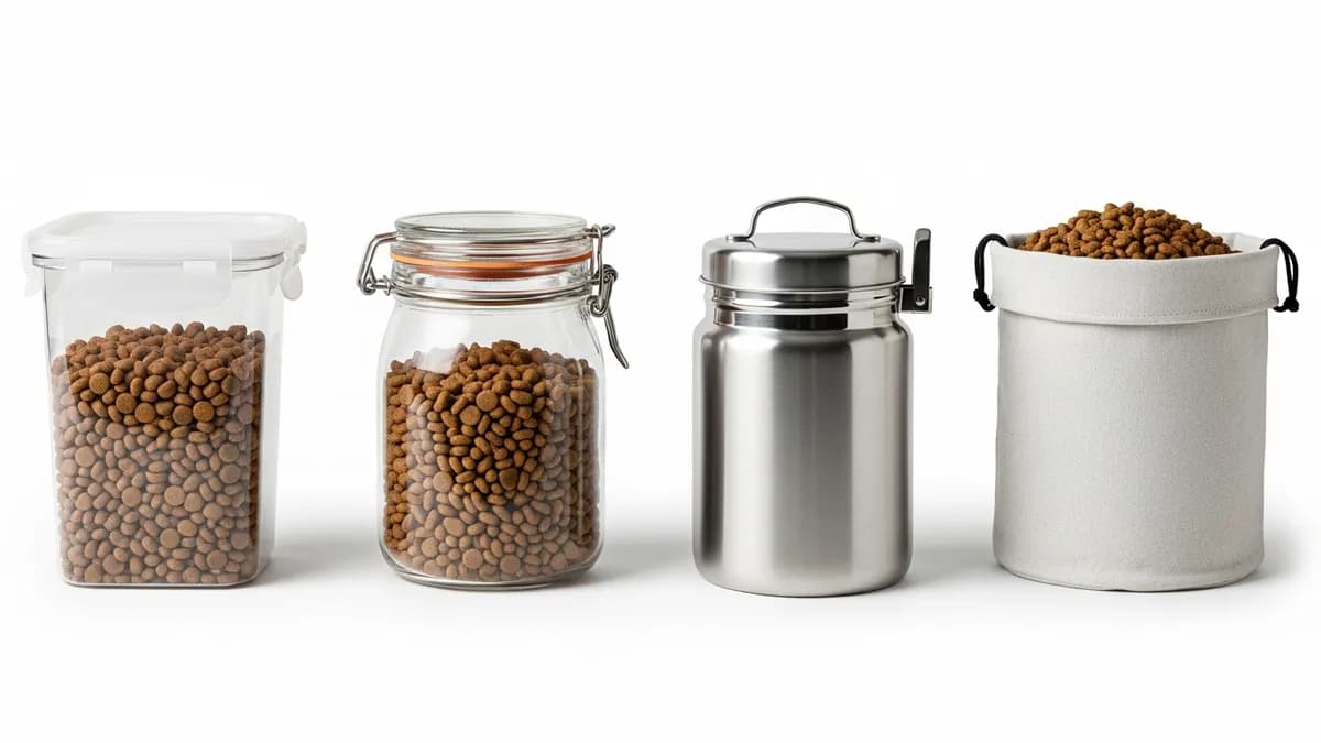 Various types of storage containers dog food including plastic, glass, and stainless steel options