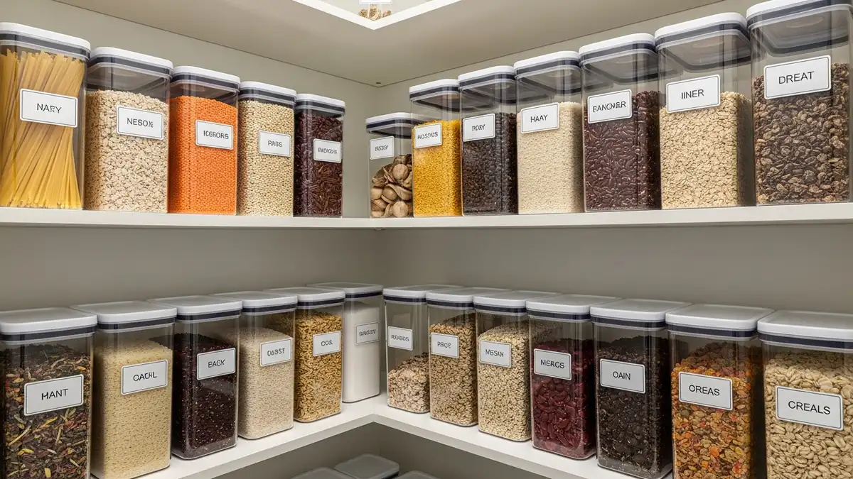 Pantry organization using clear storage containers food for dry goods and ingredients