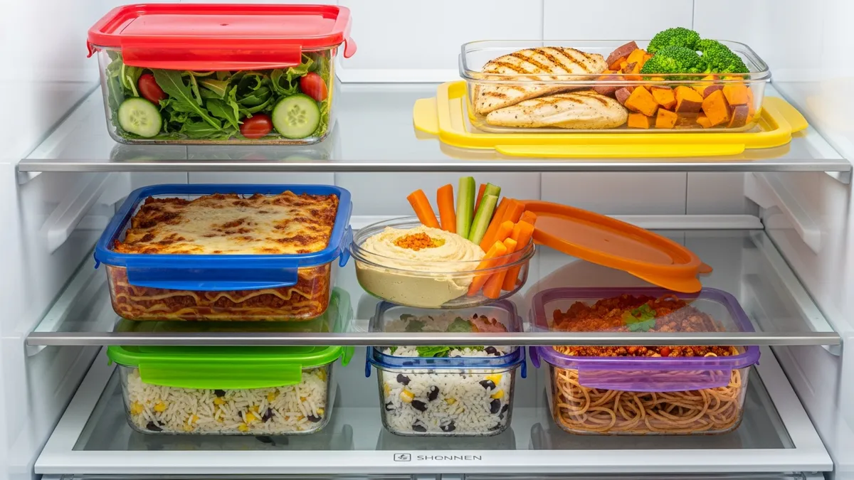 Plastic storage containers food for meal prep and leftover organization in refrigerator