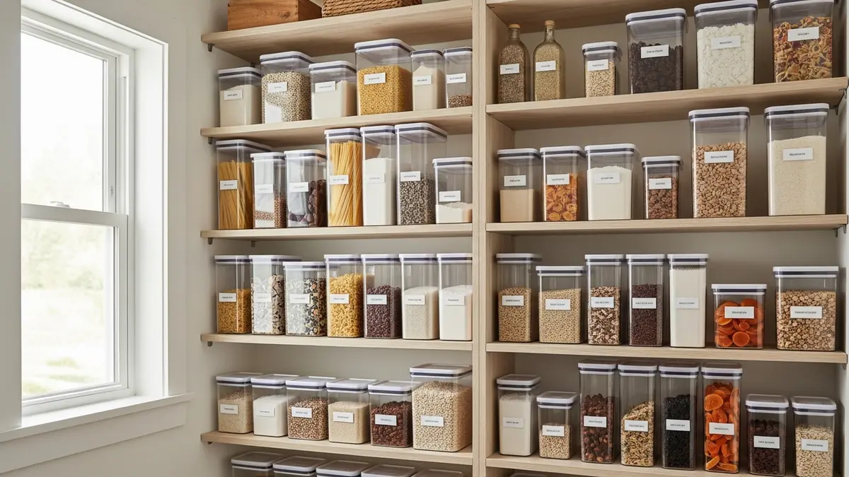 Organized pantry with BPA-free storage containers for food