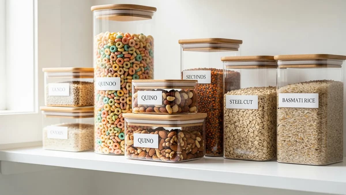 Glass storage containers for food with airtight lids containing various dry goods