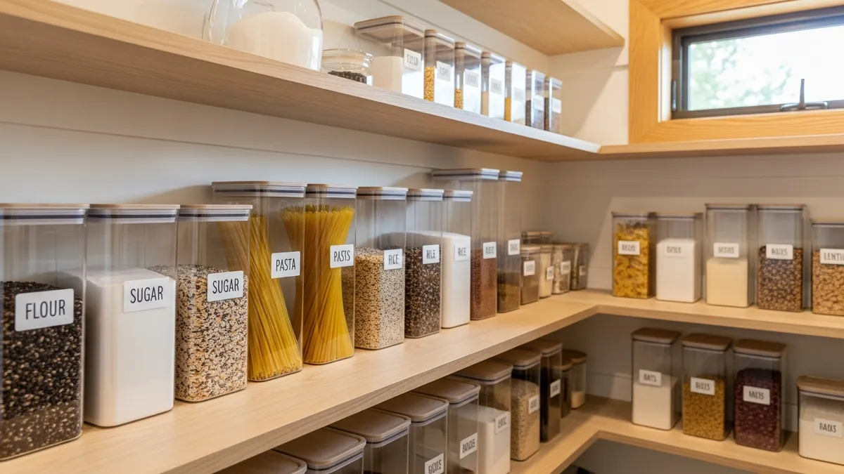 Organized pantry with labeled storage containers for food on wooden shelves