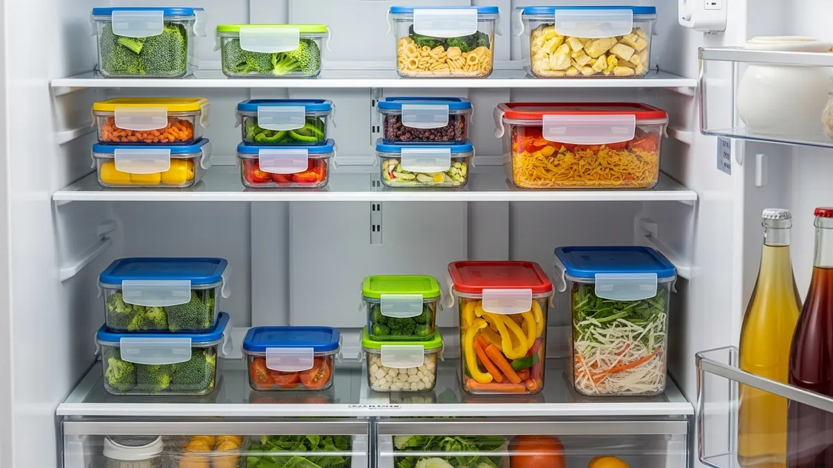 BPA-free plastic storage containers for food organized in refrigerator with fresh produce