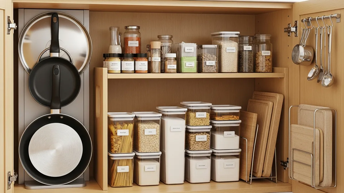 Kitchen cabinet interior with tiered organizers and stackable food storage containers maximizing vertical storage space