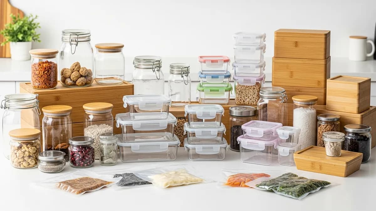 Various types of food storage containers organized by size and material for efficient storage solutions