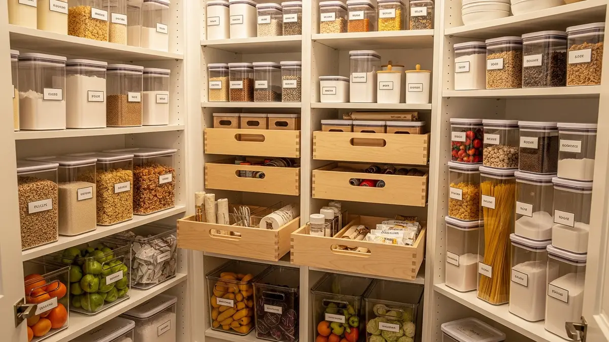 Kitchen pantry showing efficient storage organization system for food storage containers with labels and drawer organizers
