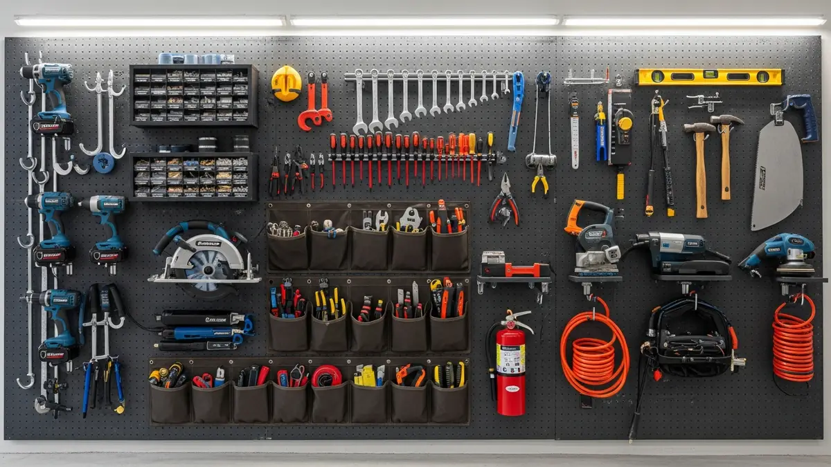 Wall-mounted storage garage solutions with pegboard system and organized tools