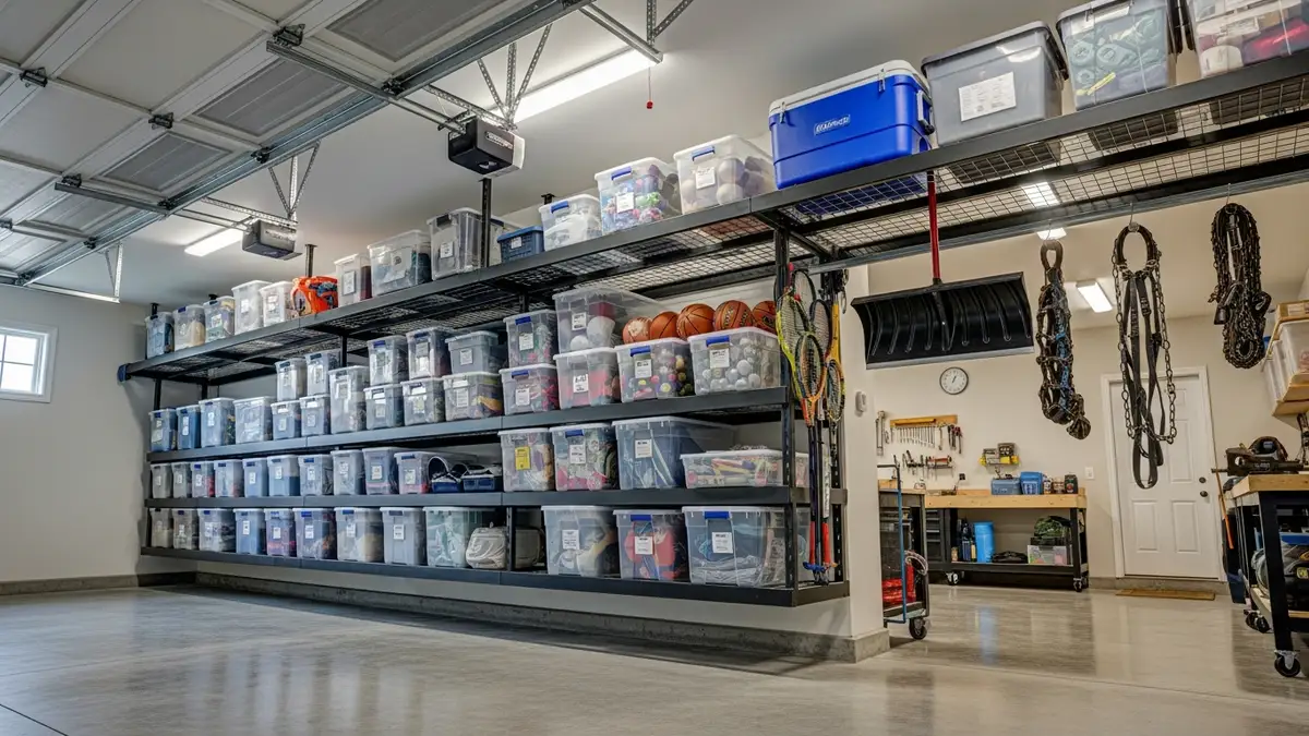 Overhead garage storage solutions with ceiling-mounted racks and bins
