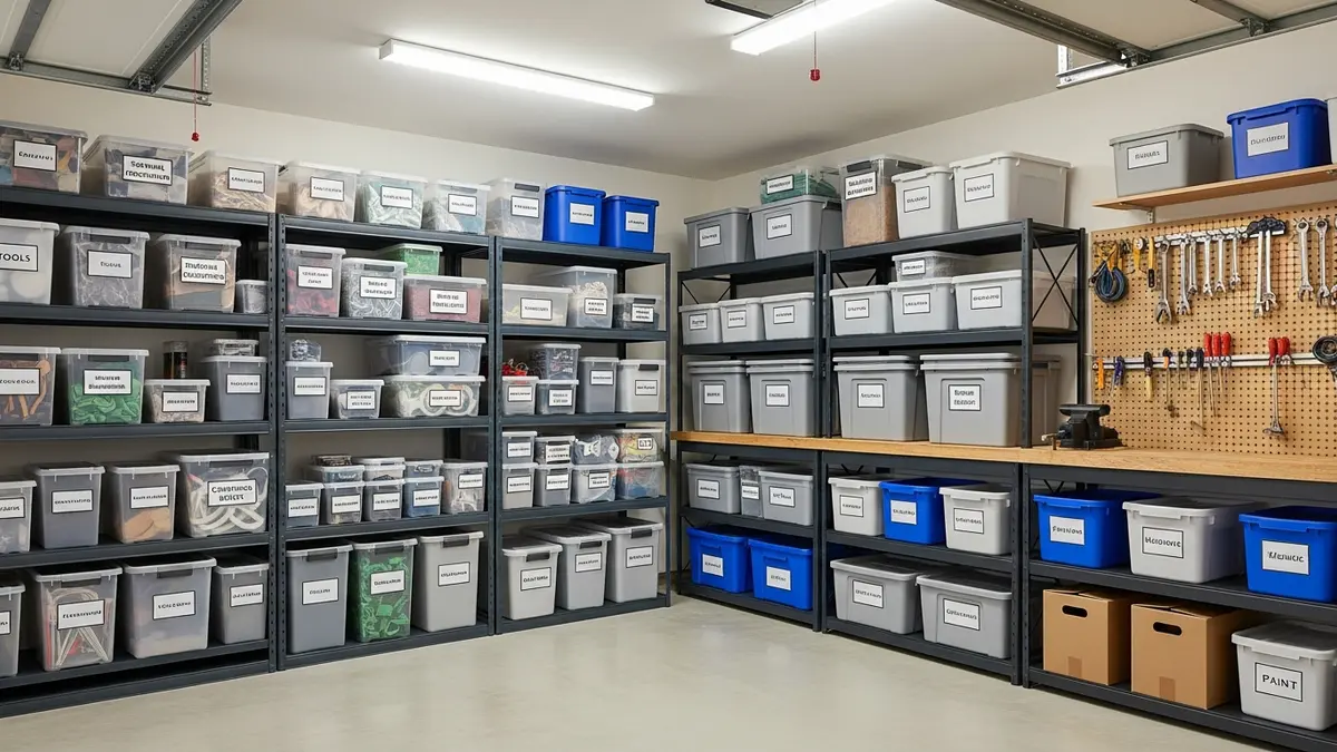 Labeled storage containers and bins organized on garage shelving systems