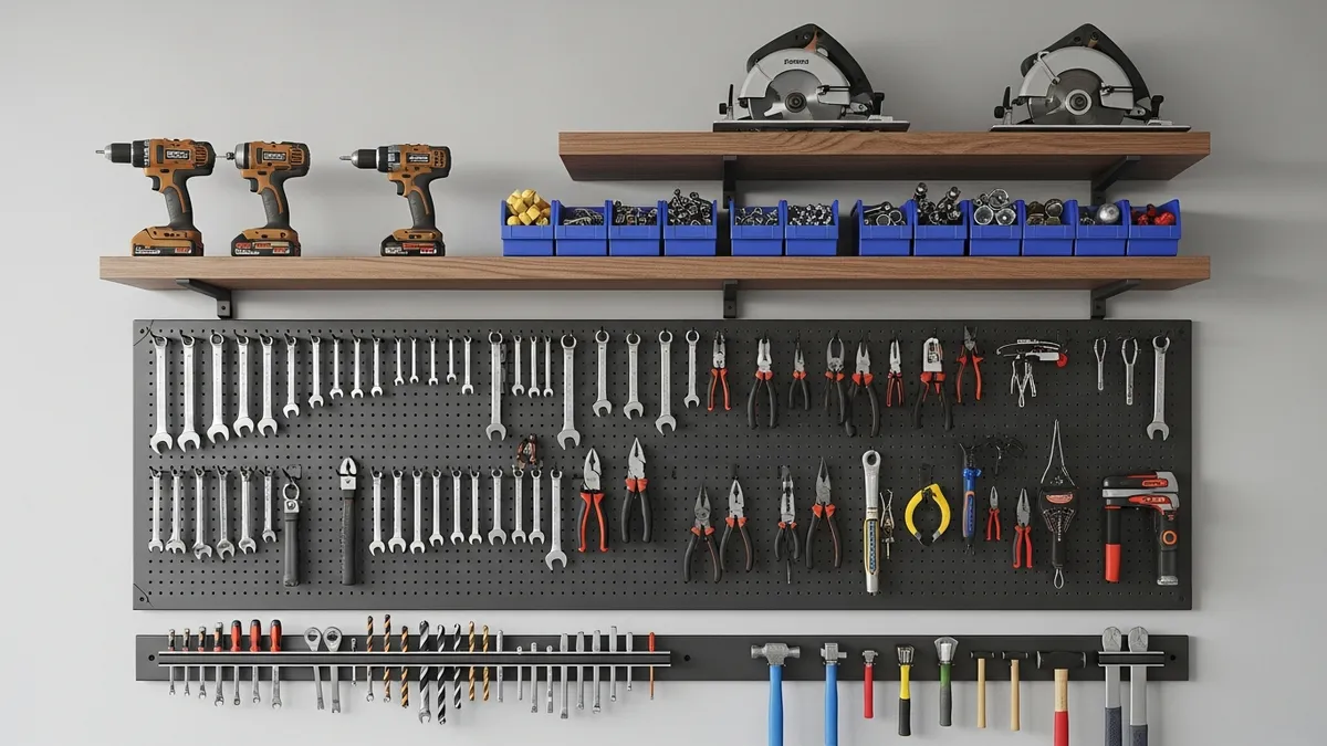Wall-mounted garage storage system with pegboard and organized tools