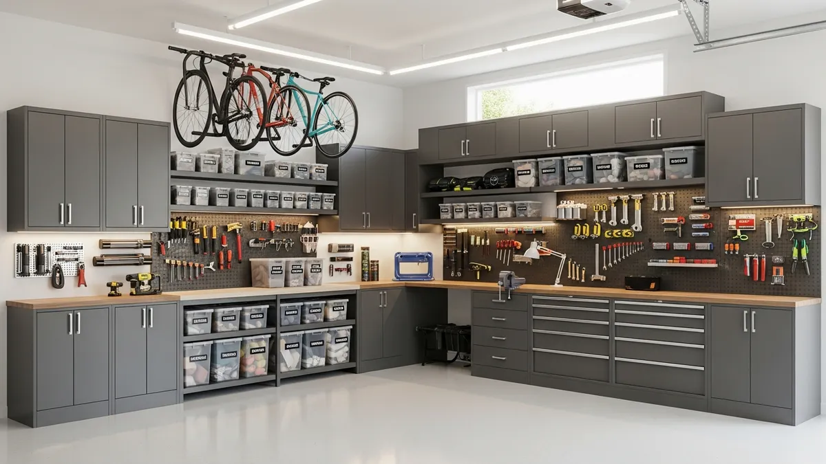 Modular garage storage systems with cabinets and shelving for comprehensive organization