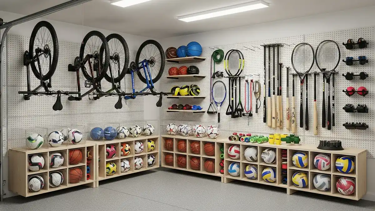 Sports equipment storage solutions in garage including bike racks and ball organizers