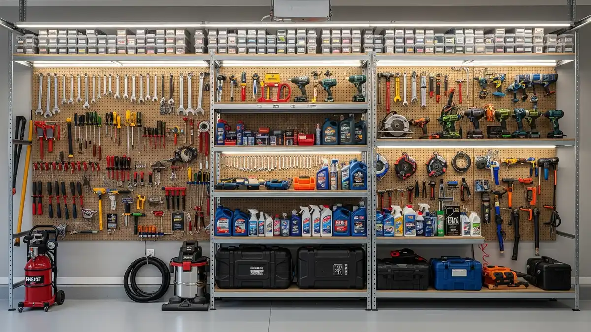 Wall-mounted storage solutions in garage with pegboards and hooks for tool organization