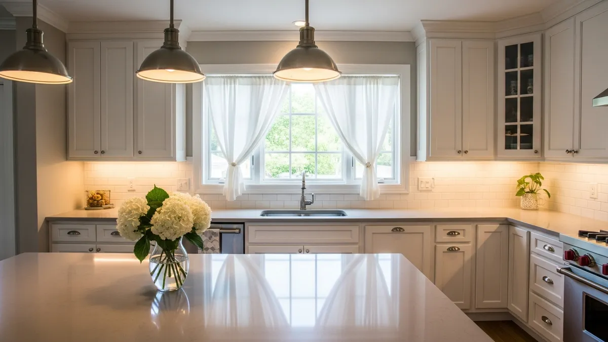 Beautiful kitchen lighting solutions combining pendant lights and natural illumination for functional design