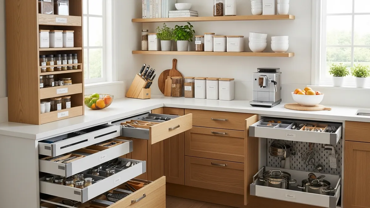 Beautiful kitchen organization with smart storage solutions and functional design elements