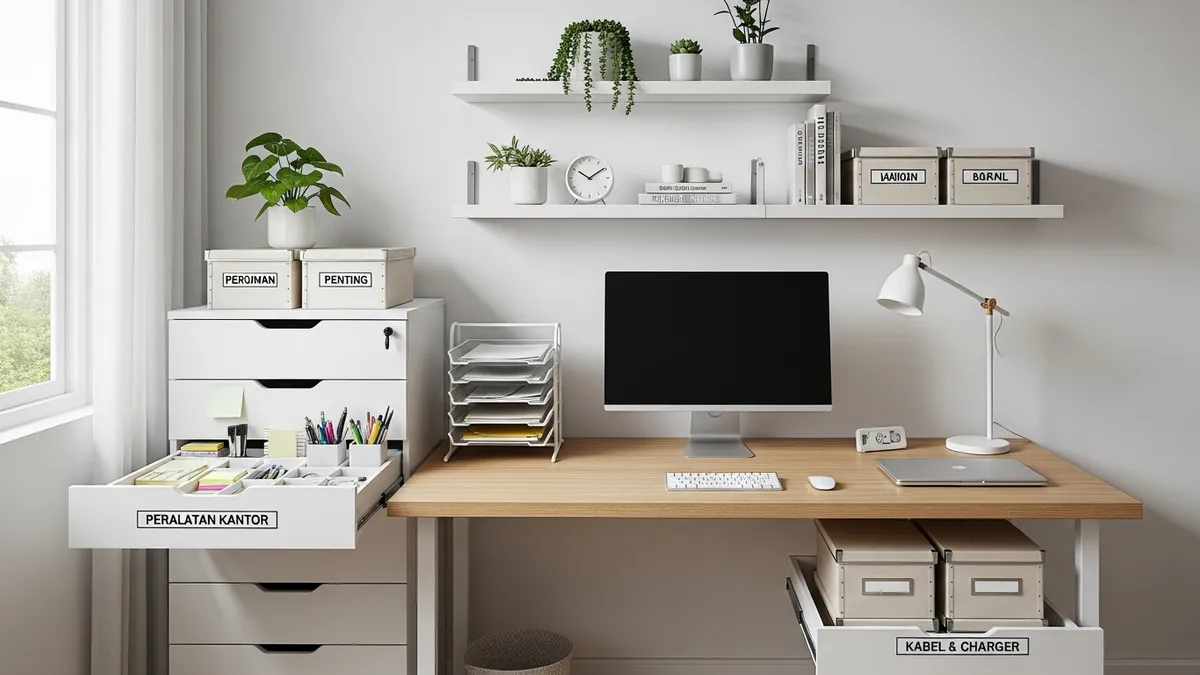 Solusi penyimpanan home office dengan rak dinding dan storage box berlabel