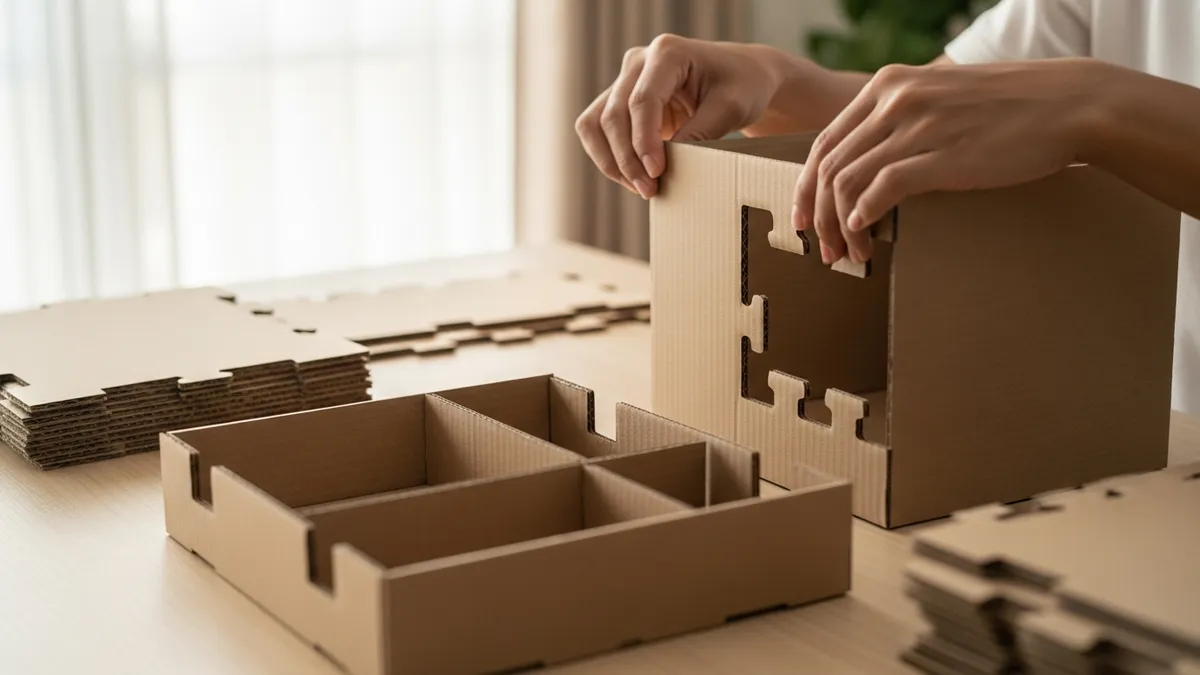 Proses merakit pembatas kardus menjadi organizer laci dengan berbagai kompartemen