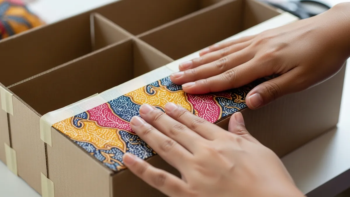 Melapisi organizer kardus dengan kain motif cantik menggunakan double tape