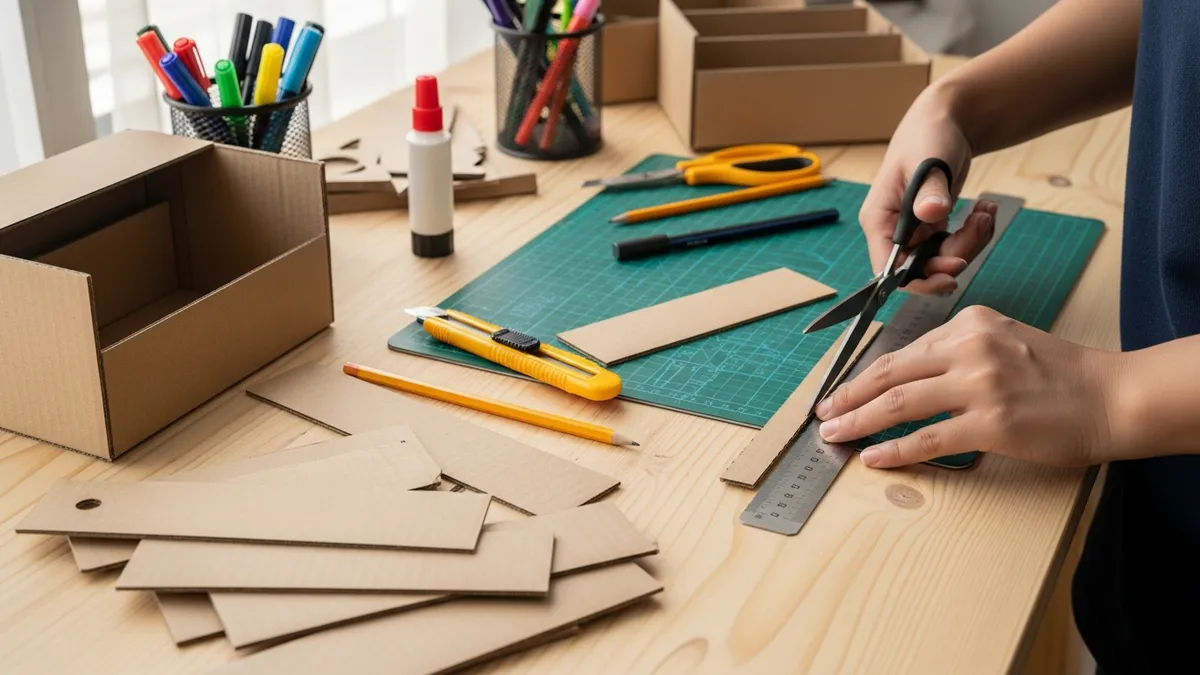 Memotong kardus sesuai ukuran untuk membuat pembatas organizer laci kamar tidur