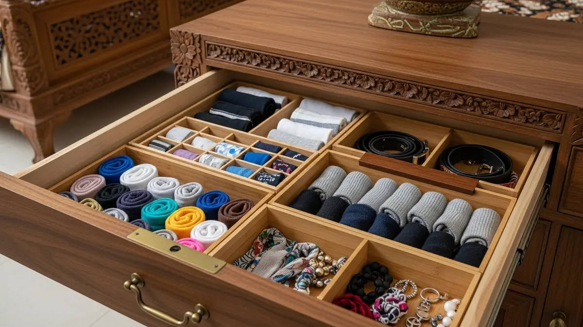 Hasil akhir laci kamar tidur yang rapi dengan organizer DIY berisi pakaian dalam tersusun rapi