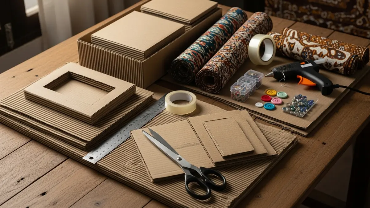 Bahan-bahan untuk membuat organizer laci DIY seperti kardus, penggaris, gunting dan kain