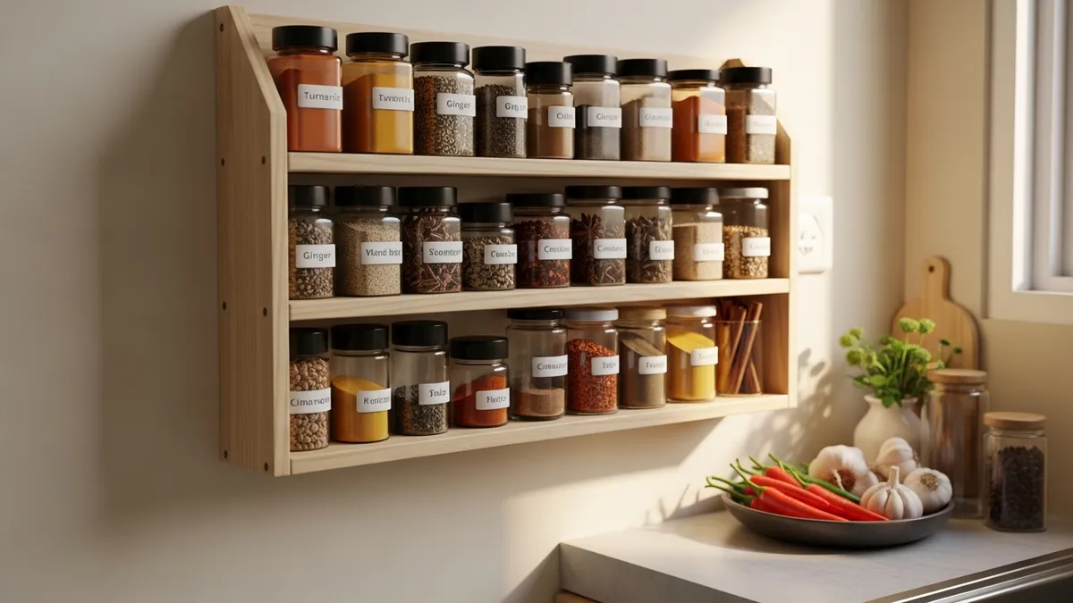 Hasil akhir spice rack DIY yang sudah terpasang di dapur kecil dengan bumbu tertata rapi