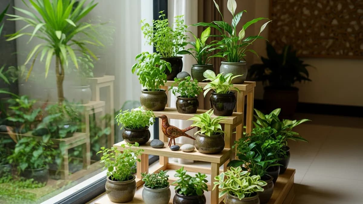 Taman mini indoor yang sudah jadi dengan tanaman hijau subur di dekat jendela rumah minimalis