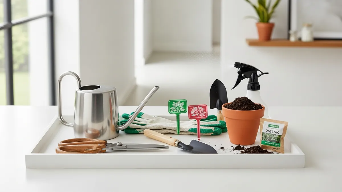 Peralatan merawat tanaman indoor tertata rapi dalam nampan dengan gunting pangkas dan alat penyiraman