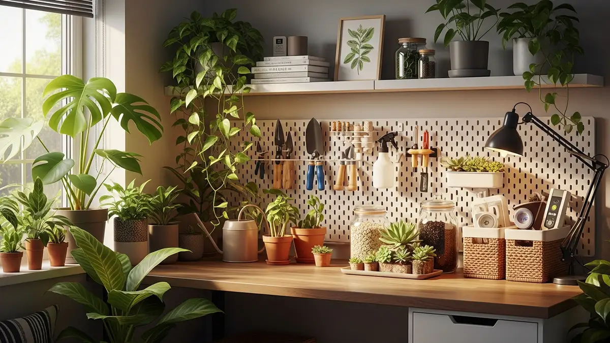 Completed DIY plant care station with organized supplies and healthy indoor plants