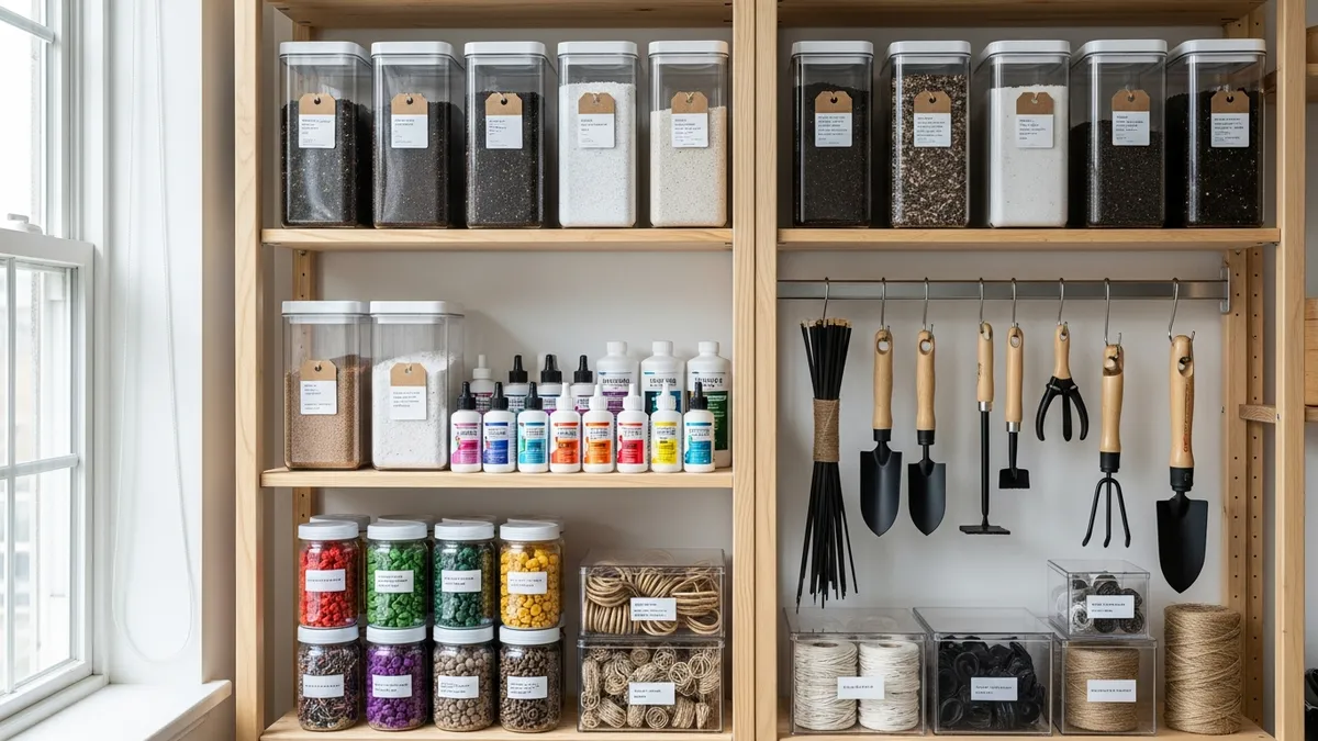 Organized plant care supplies in storage containers on DIY shelving unit