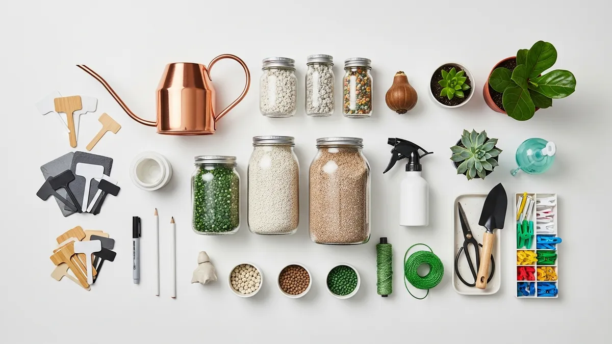 Plant care station supplies and materials for DIY organization project