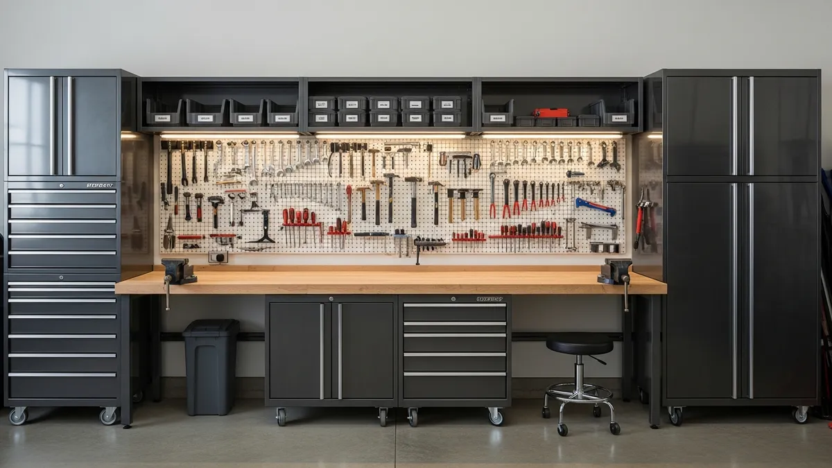Floor-level storage solutions for the garage featuring cabinets and workbench organization